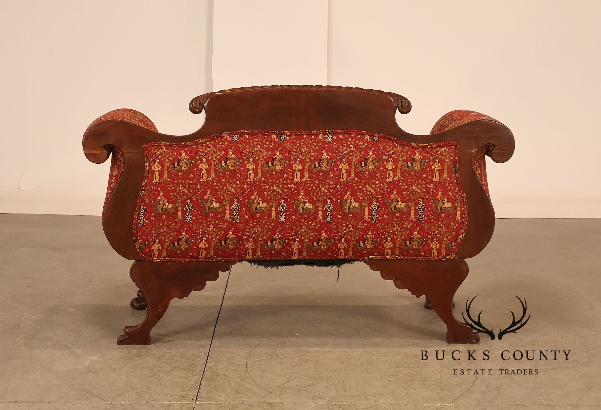 Antique American Empire Carved Mahogany Sofa With Scrolled Arms And Lion Paw Feet
