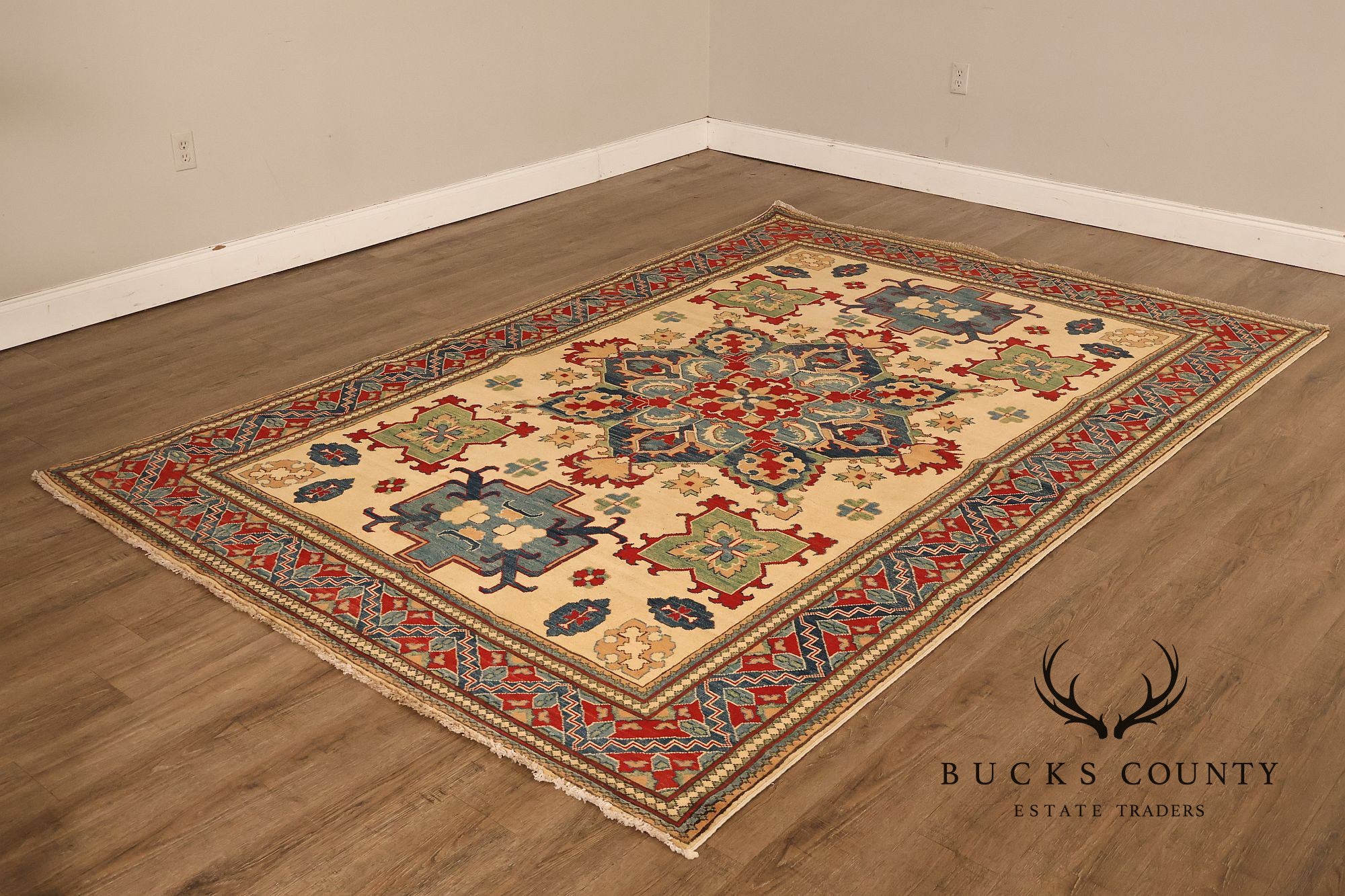 Afghan Kazak Style Wool Area Rug With Central Medallion 6x9