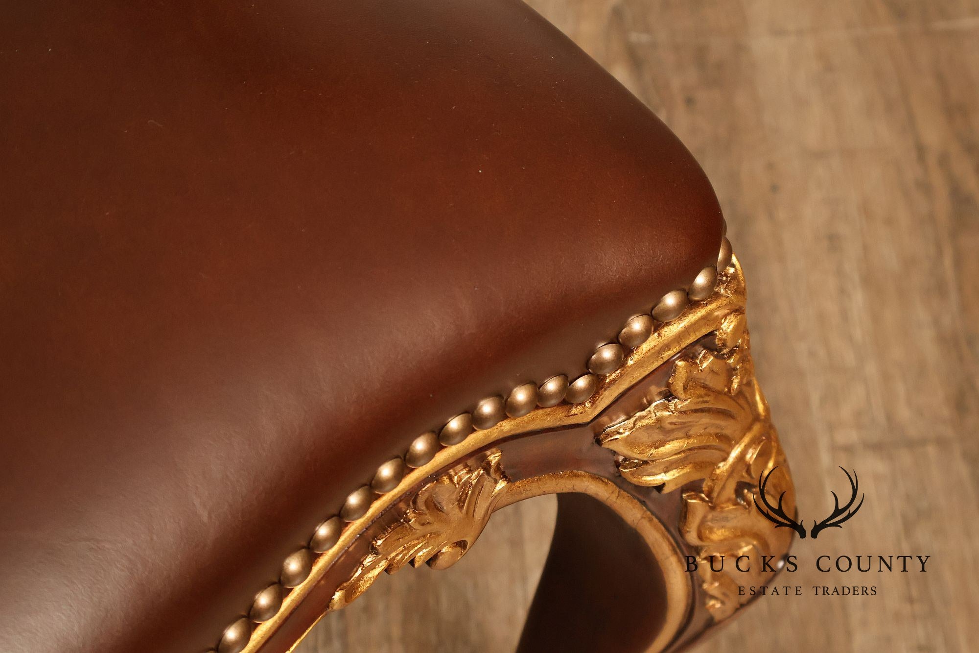 Scarborough House Pair Of French Rococo Style Gilt Mahogany Leather Upholstered Armchairs