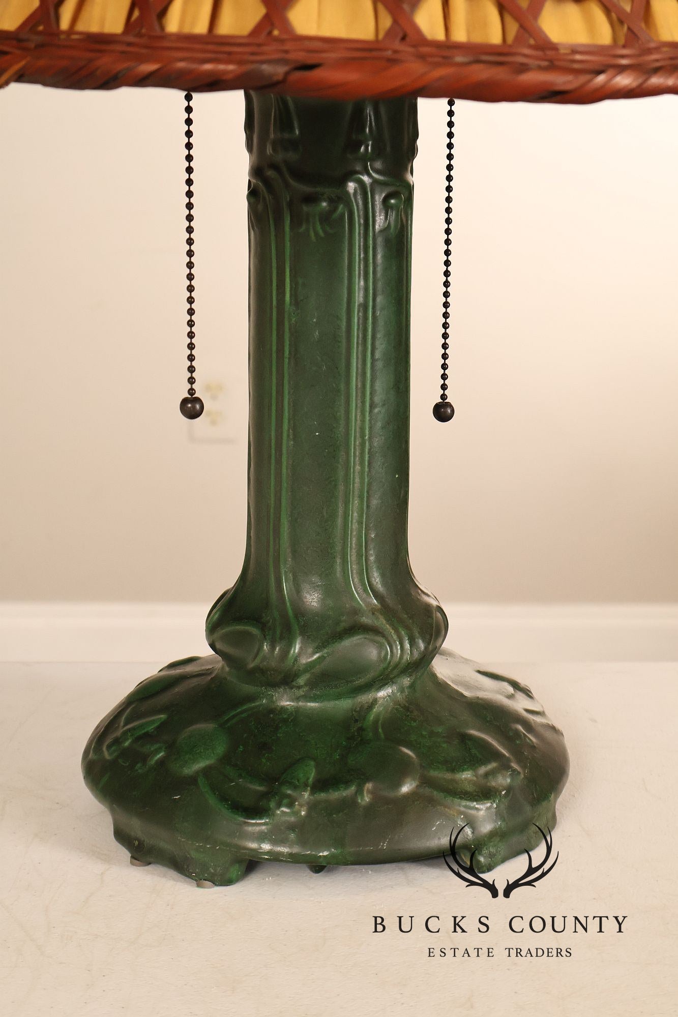 Weller Pottery Art Nouveau Green Glazed Table Lamp with Wicker Shade