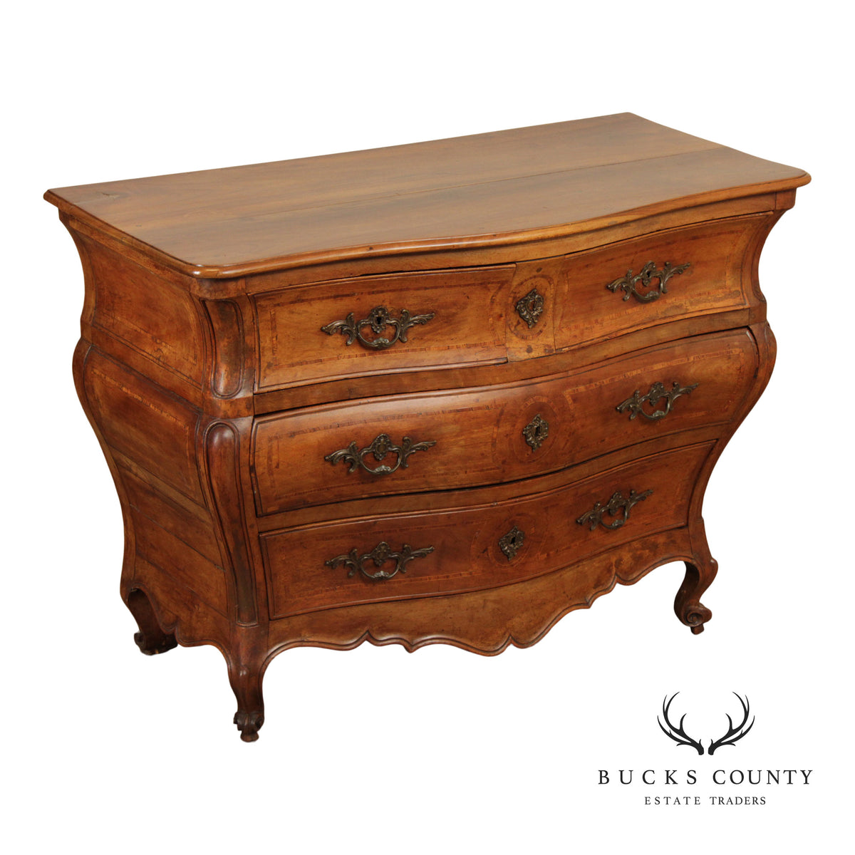 Antique French Louis XV Style Inlaid Bombe Commode Chest