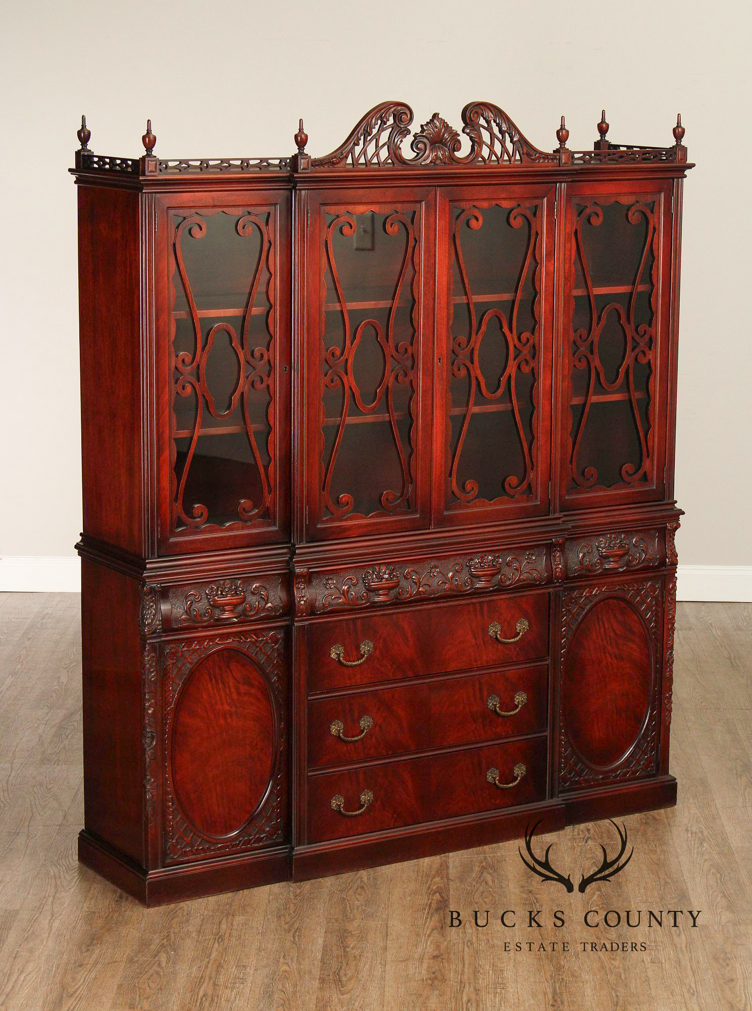 1940's Vintage Carved Mahogany China Cabinet