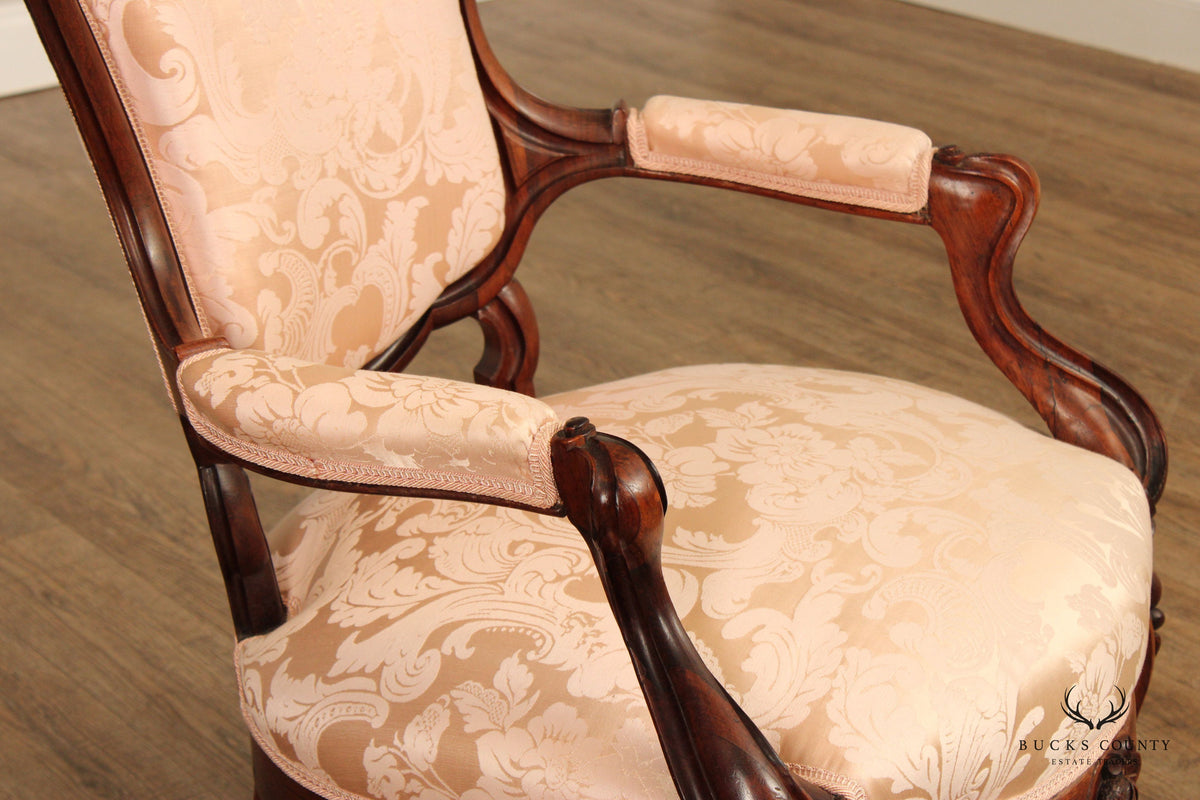 Antique Victorian Pair of Carved Walnut Armchairs