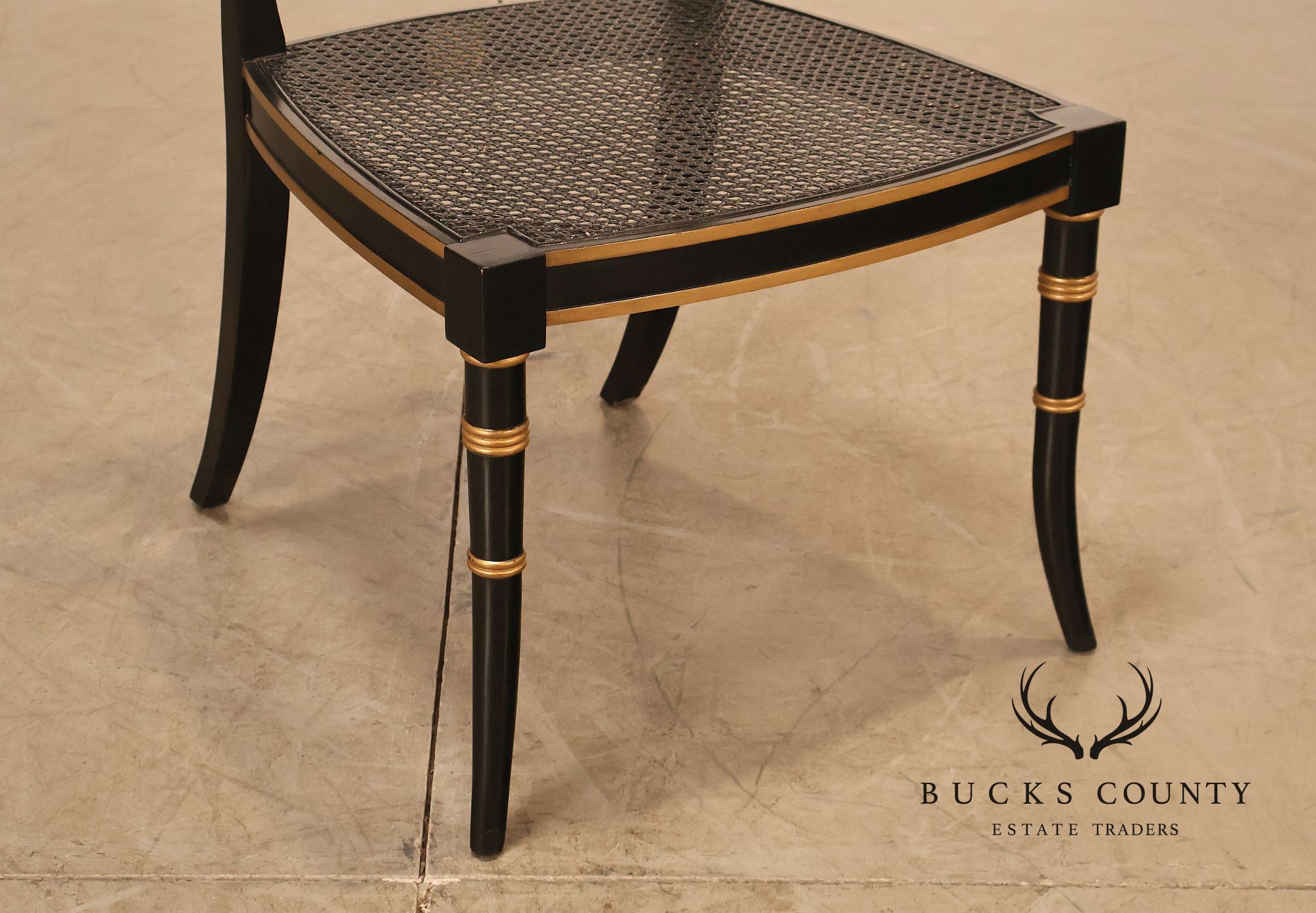 Baker Regency Style Pair of Ebonized and Partial Gilt Side Chairs