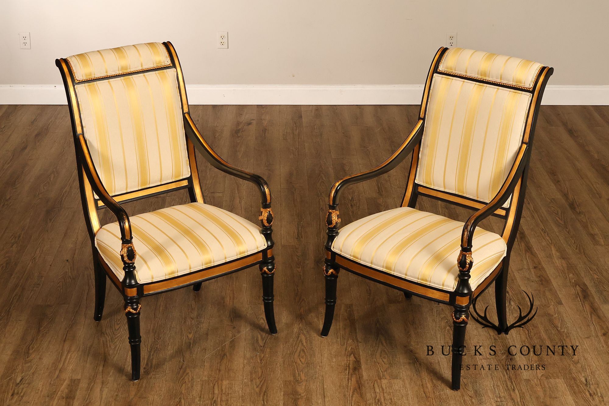 Ferguson Copeland Regency Style Pair of Ebonized Armchairs