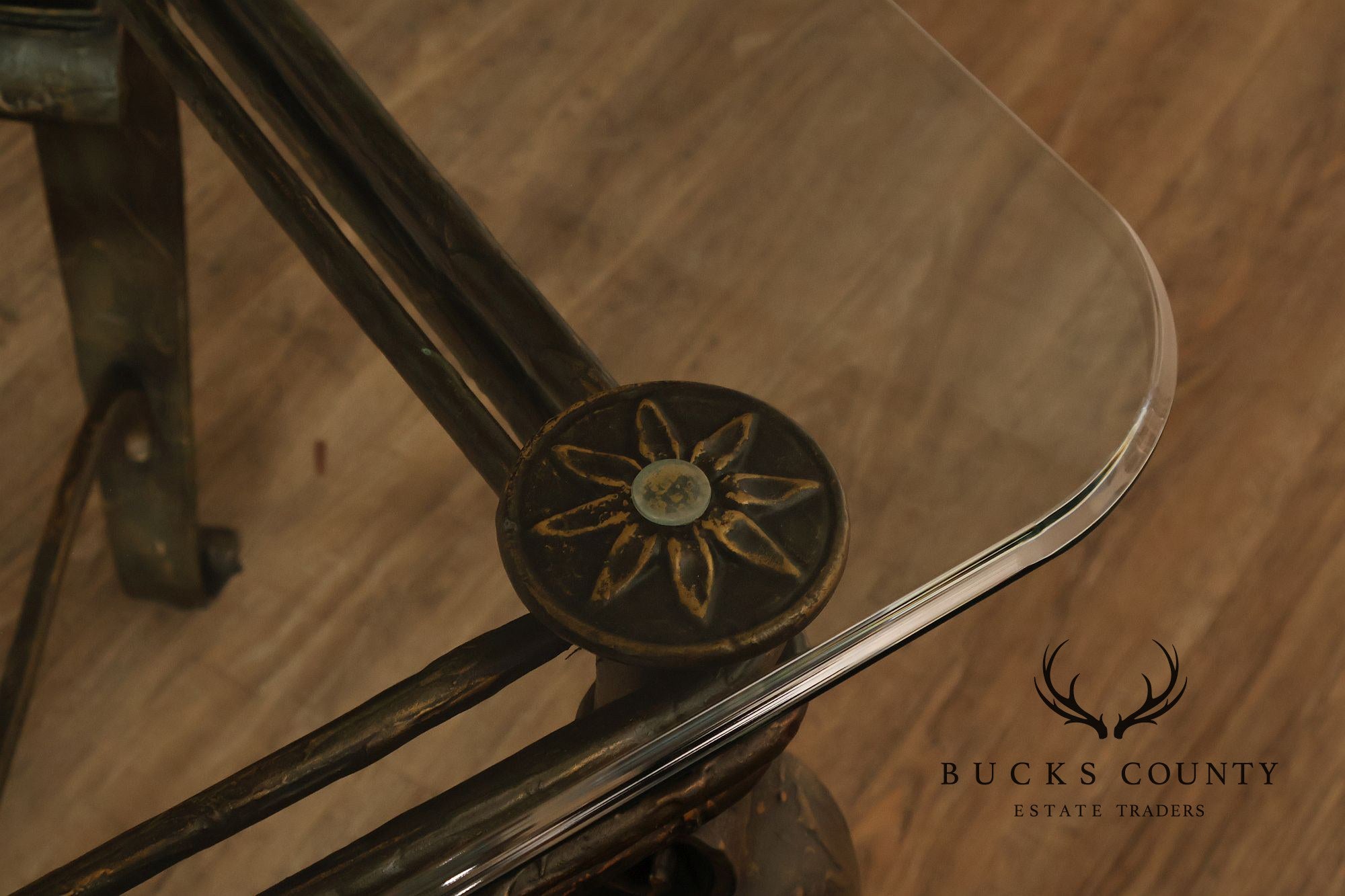 Neoclassical Revival Glass Top Metal Accent Table