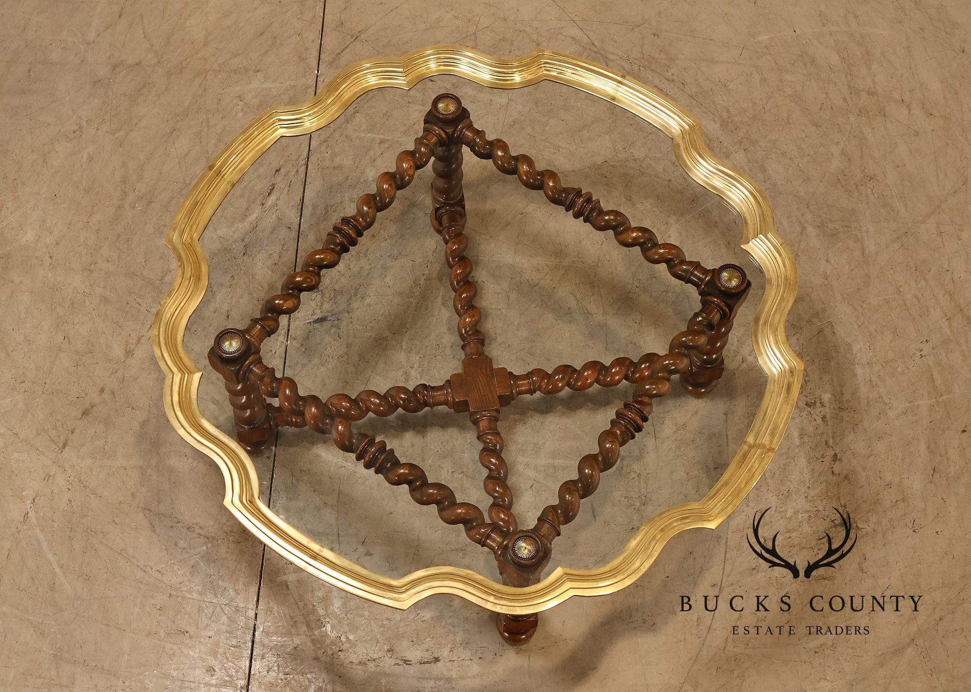 Baker Vintage Oak Barley Twist Scalloped Brass And Glass Top Coffee Table