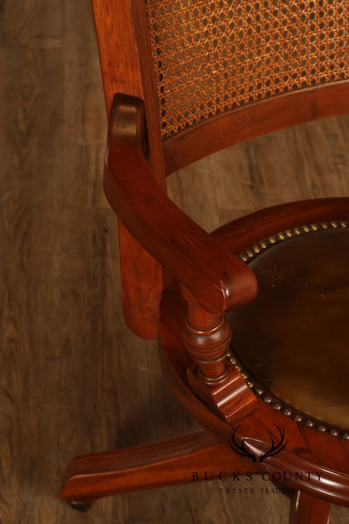 Vintage Leather and Cane Swivel Office Armchair