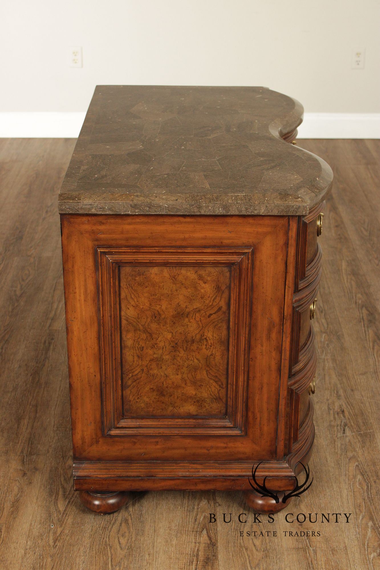 Maitland-Smith Pair of Baroque Style Tessellated Marble Top Burlwood Chests
