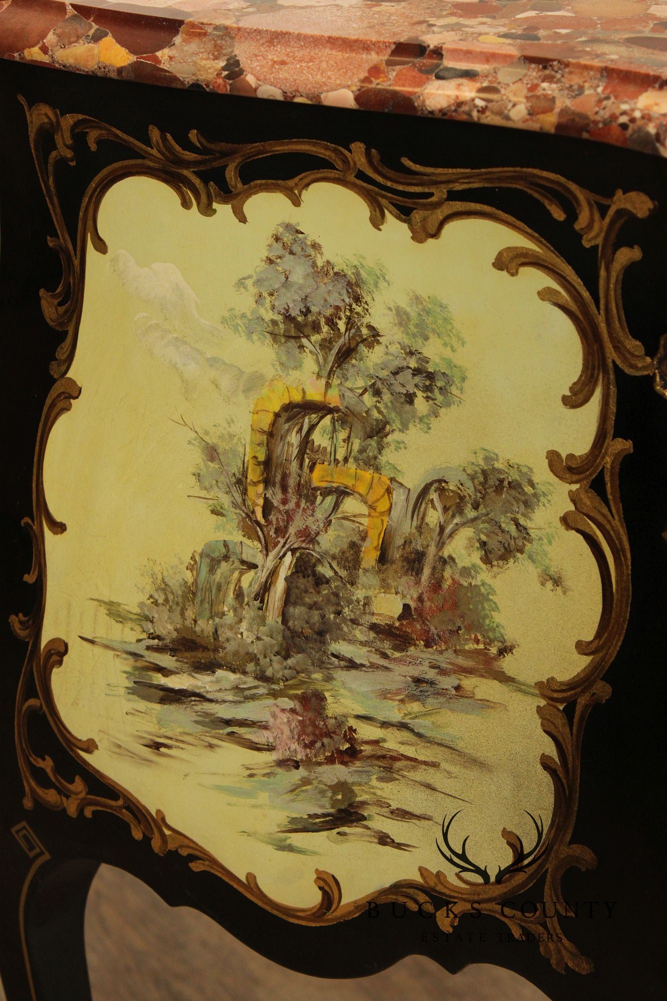 Louis XV Style Hand Painted Marble Top Bombe Commode