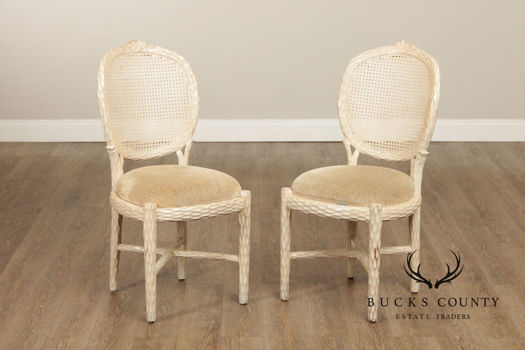 Vintage Pair of Faux Bois Cane-Back Side Chairs