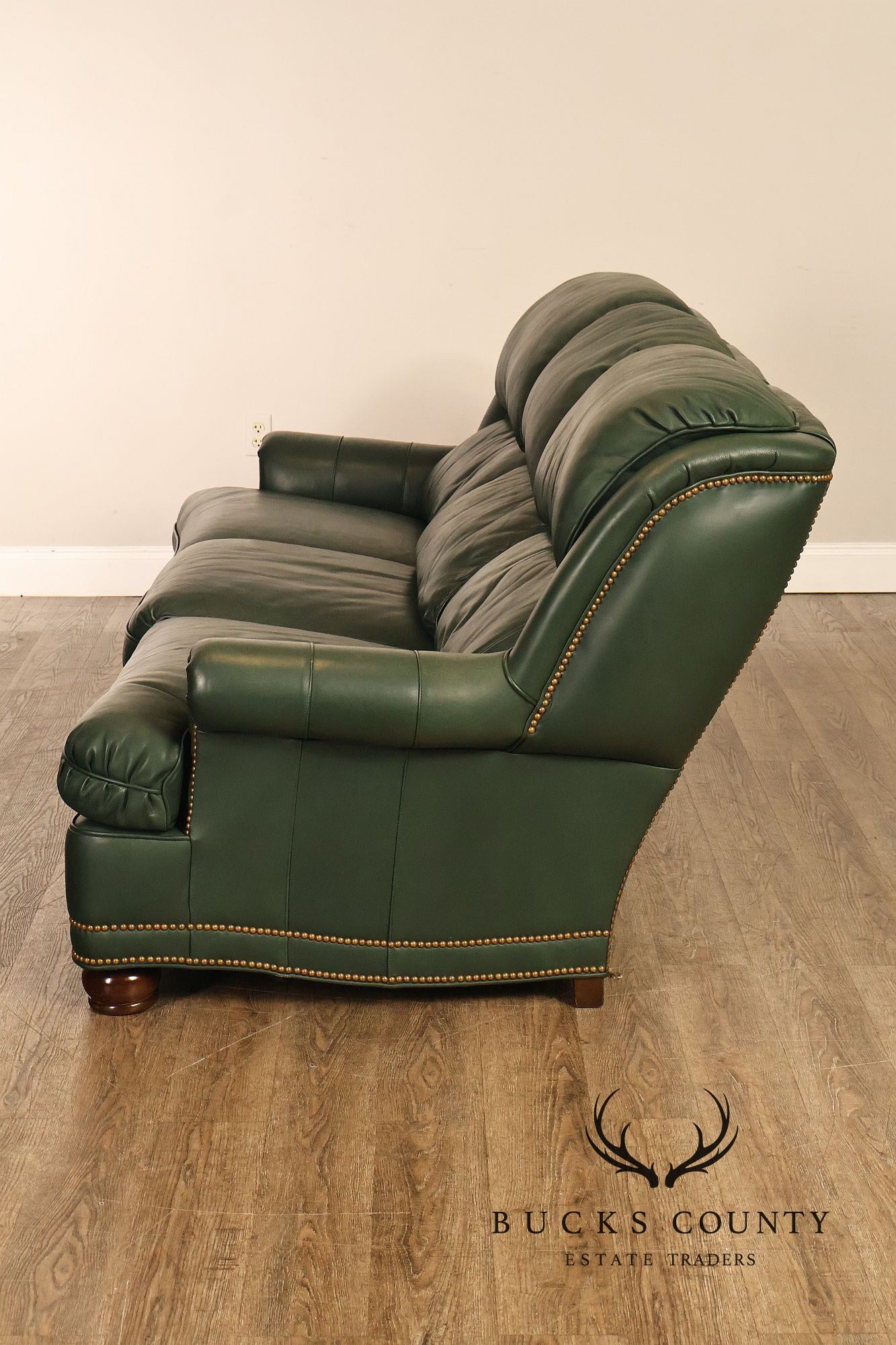 Hancock & Moore Green Leather Nailhead Trim Sofa