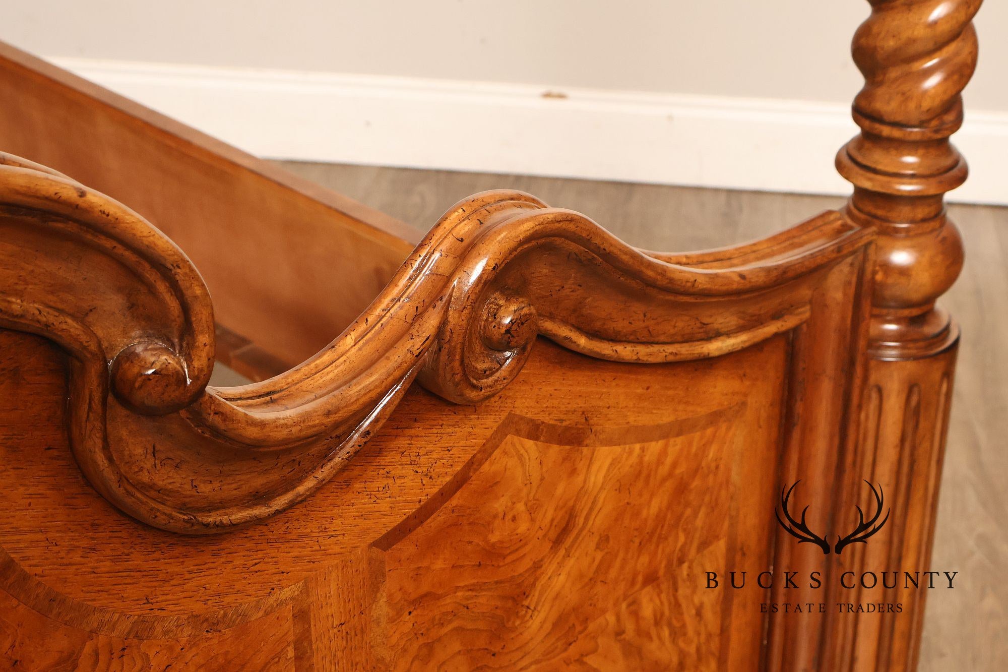 Drexel Heritage Venetian Collection Bookmatched Burl Wood King Four Poster Bed