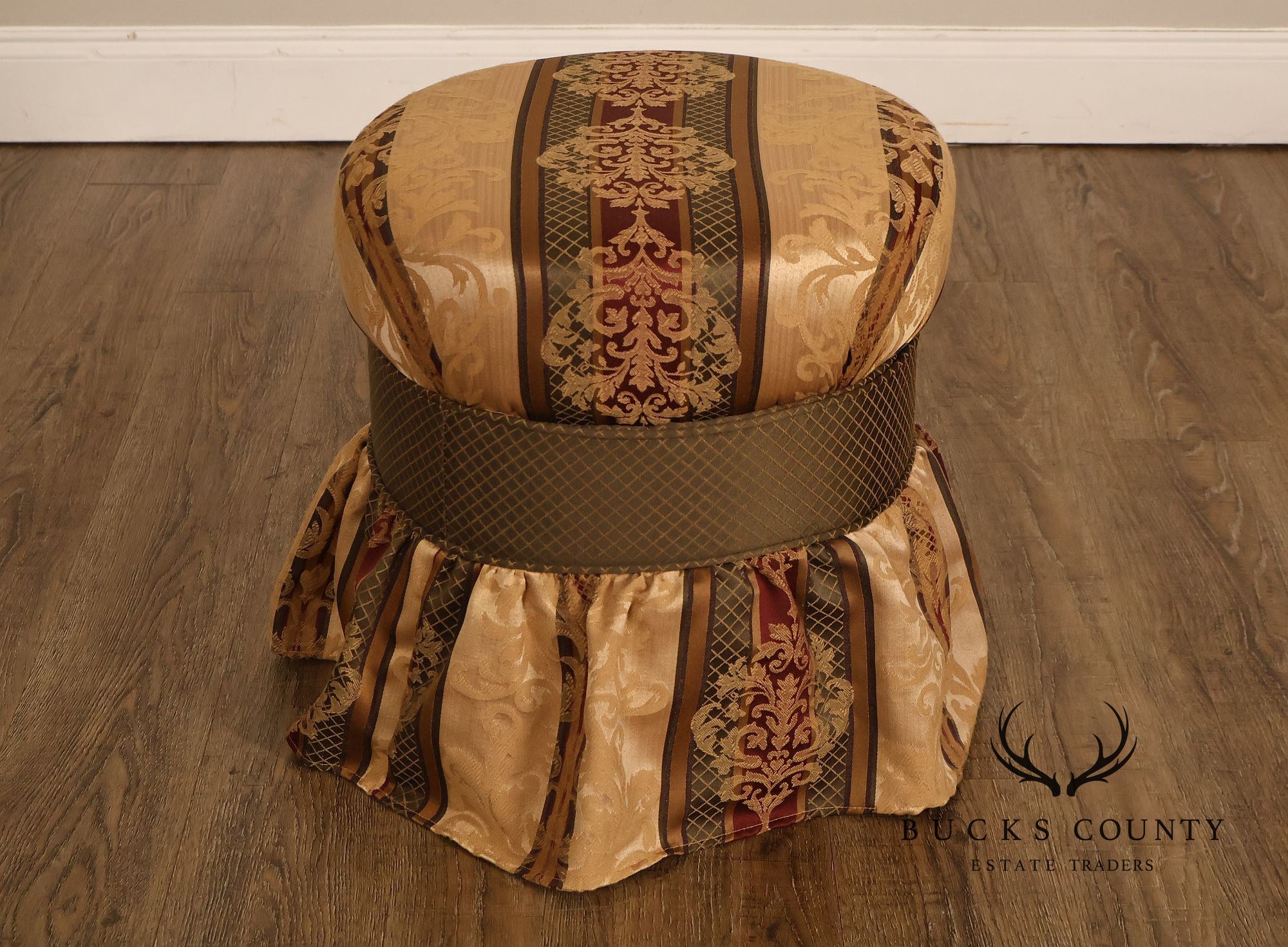 Pair Of Traditional Upholstered Skirted Round Ottomans