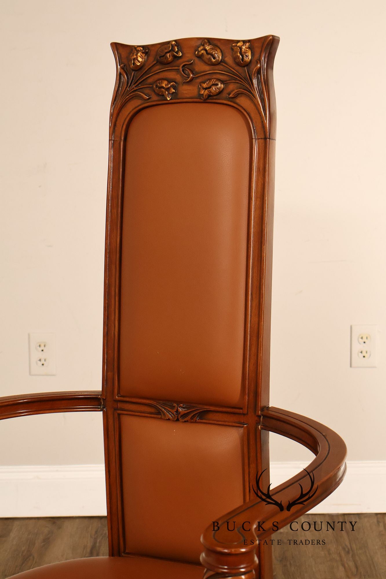Antique Art Nouveau Carved Wood And Leather Armchair