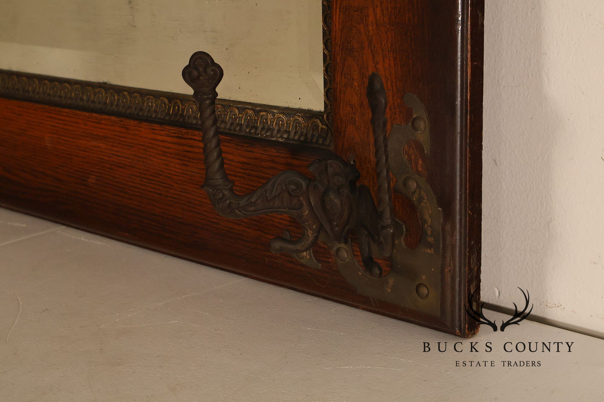 Antique Victorian Oak Wall Mirror With Cast Iron Coat Hooks