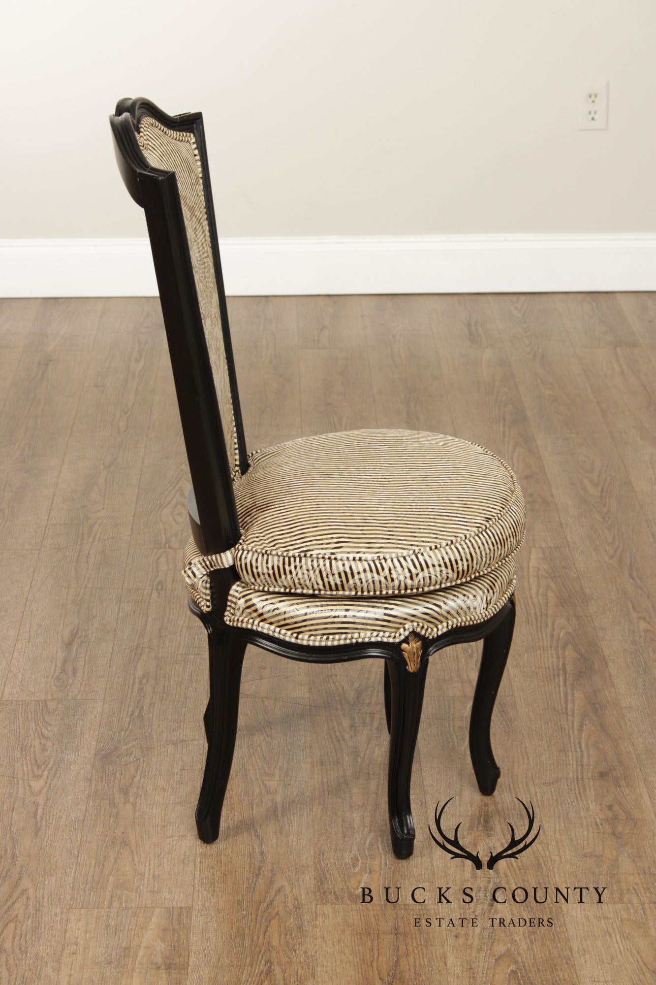 Italian Rococo Style Pair of Ebonized and Partial Gilt Side Chairs