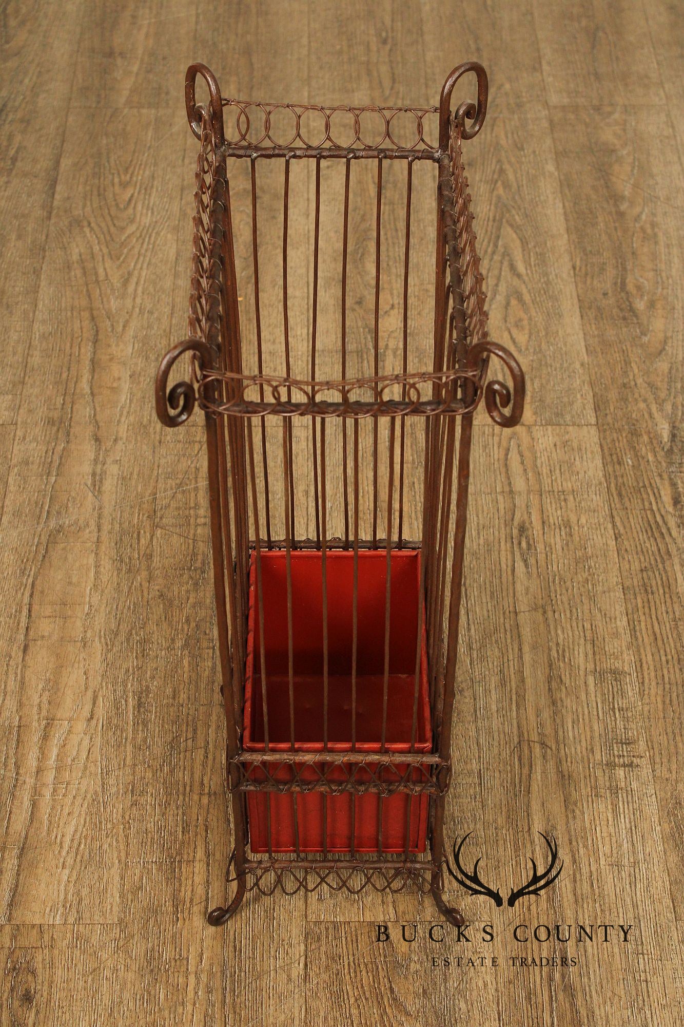 Vintage Wrought Iron Umbrella Stand with Red Liner