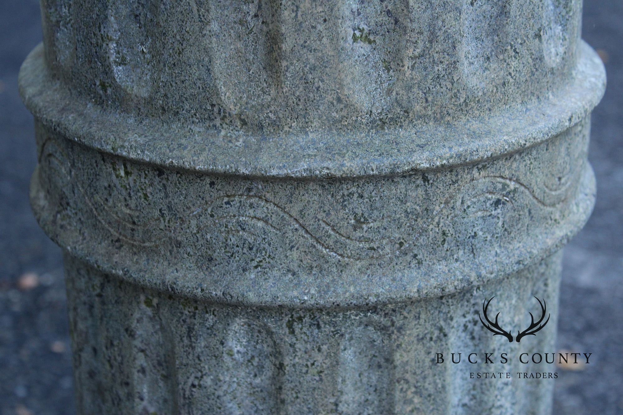 Vintage Pair Of Carved Granite Three Piece Garden Urns On Pedestals