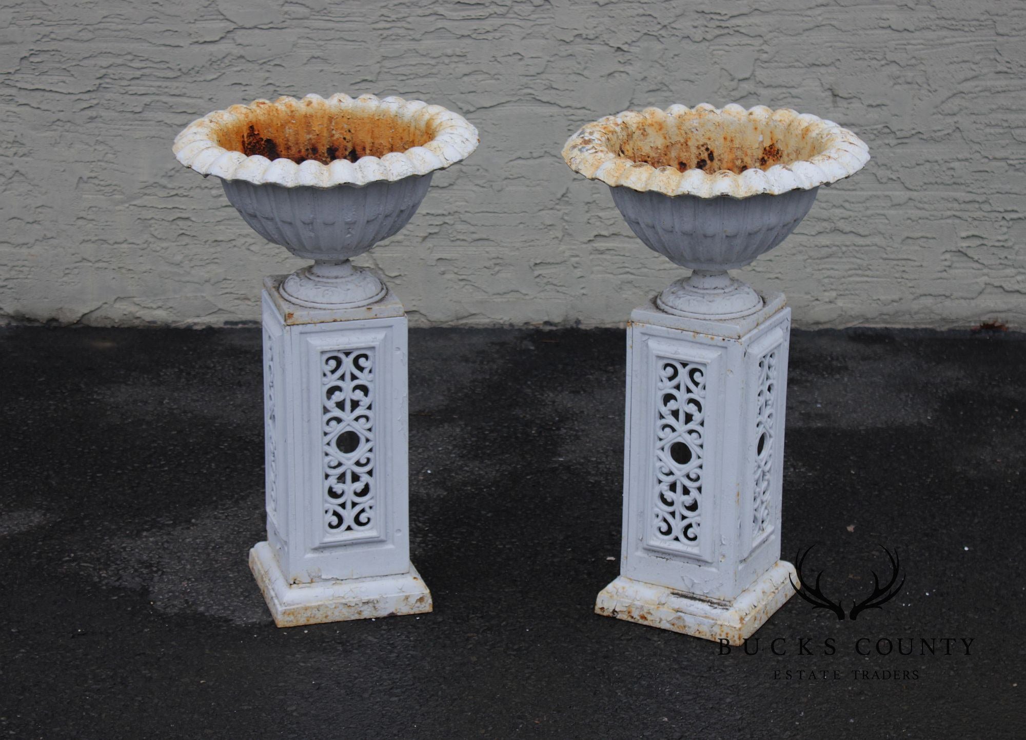 Vintage Pair of Painted Cast Iron Garden Urns on Stands
