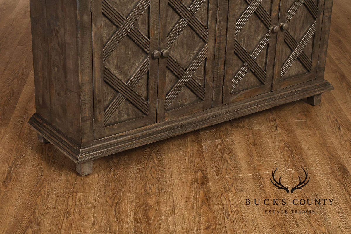 Rustic Gray Wood Four Door Lattice Design Sideboard