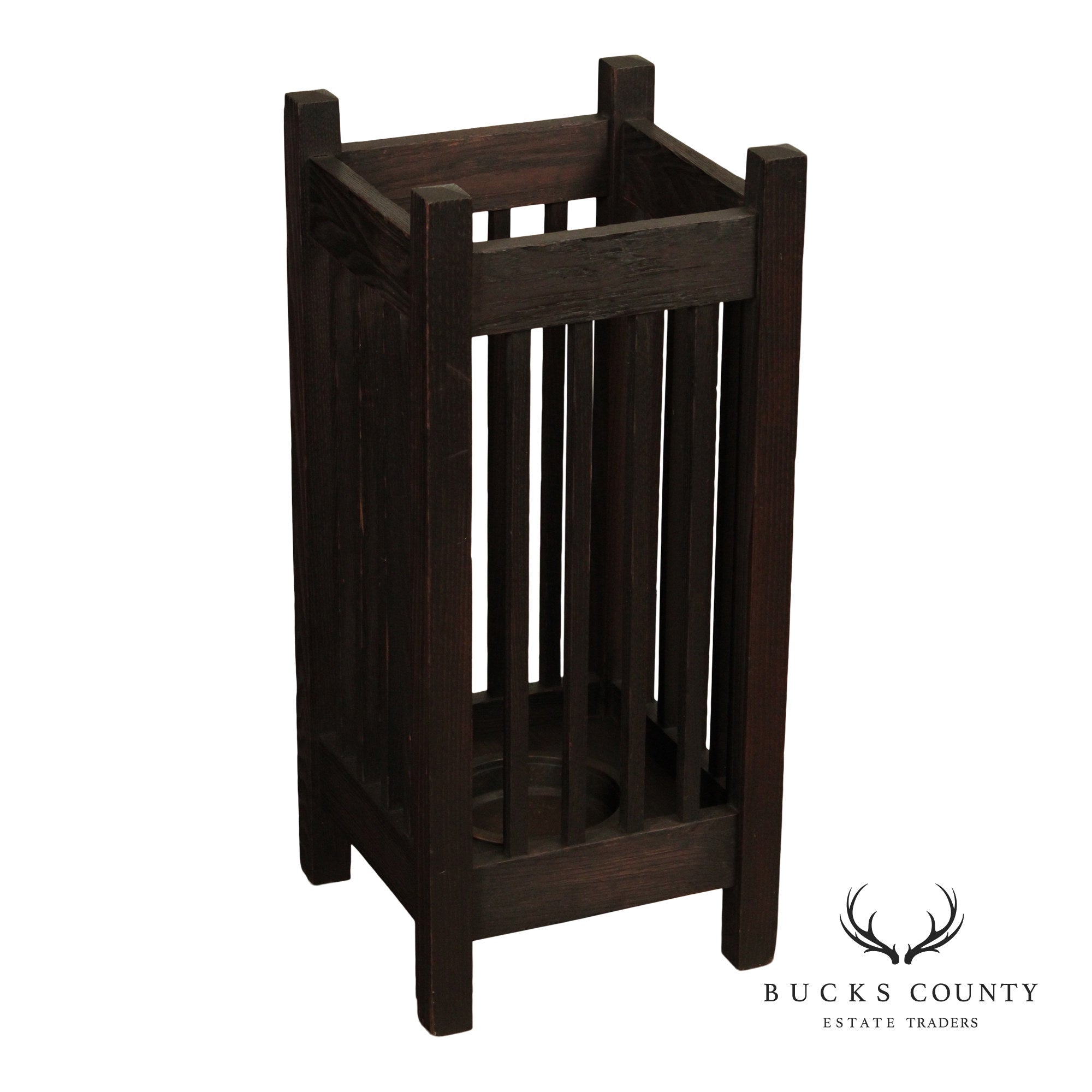 Antique Mission Oak Umbrella Stand With Drip Pan