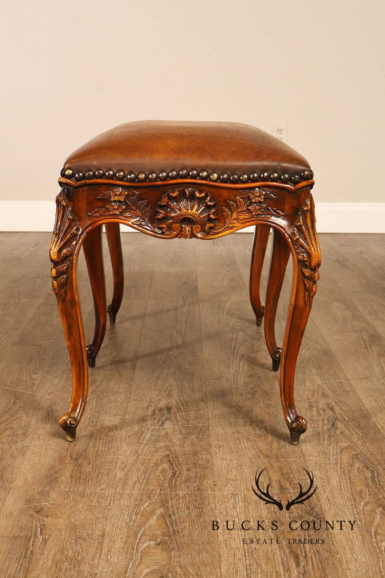 Rococo Style Leather Upholstered Carved Mahogany Window Bench