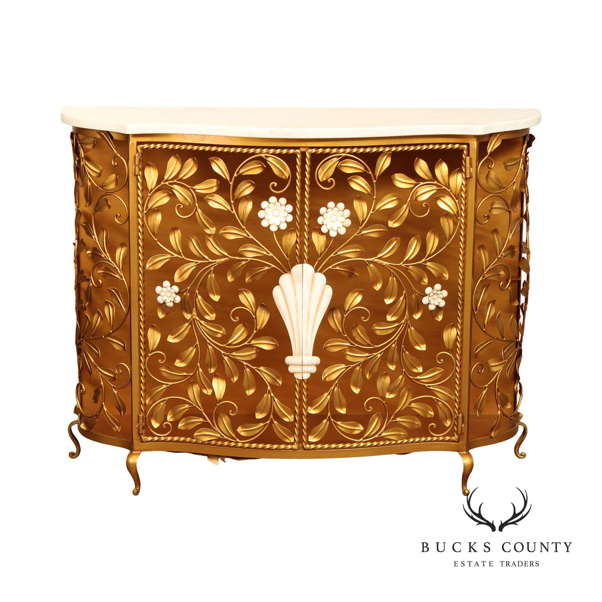 Italian Hollywood Regency Marble Top Floral Console Cabinet