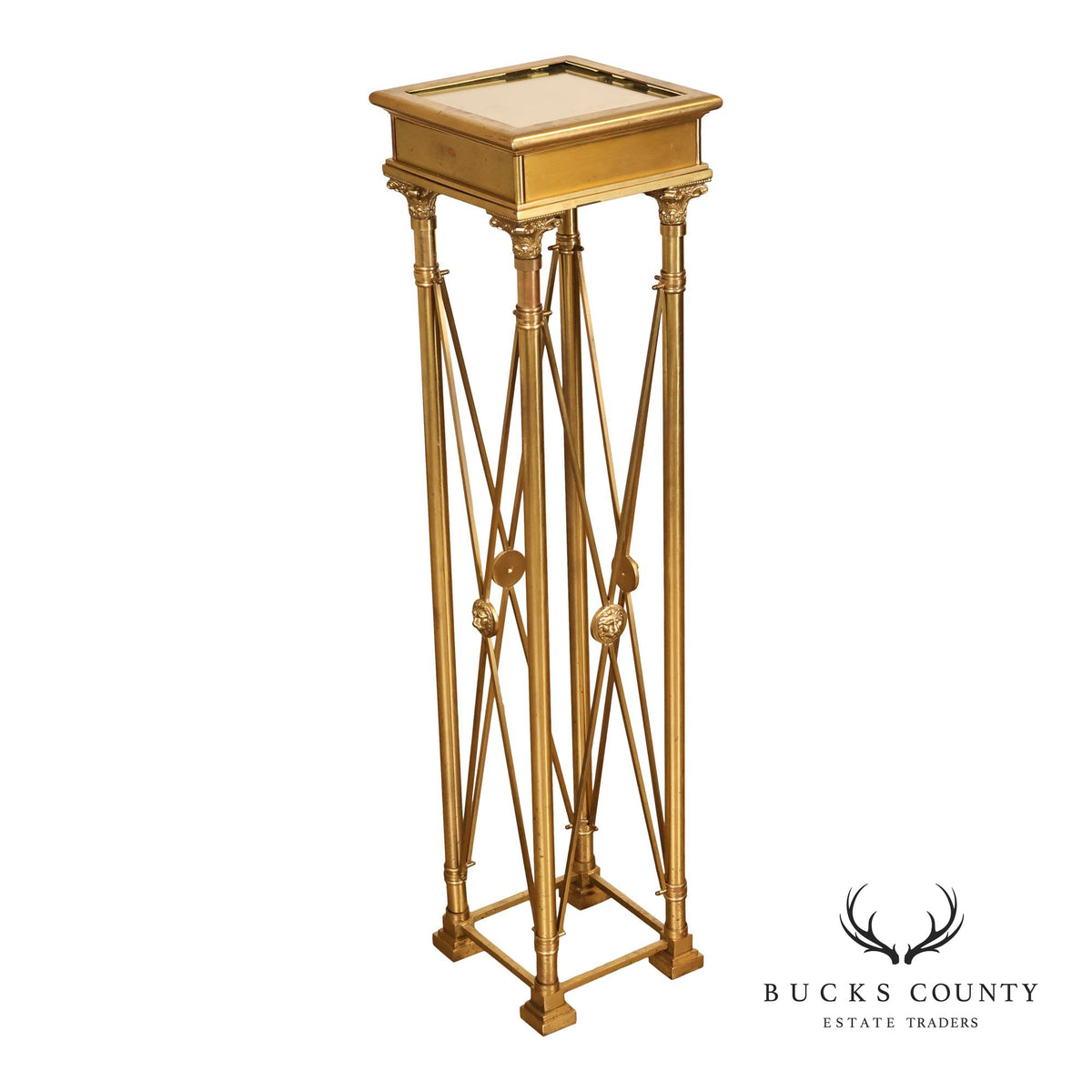 Vintage Neoclassical Style Heavy Brass Pedestal Plant Stand With Lion Medallions