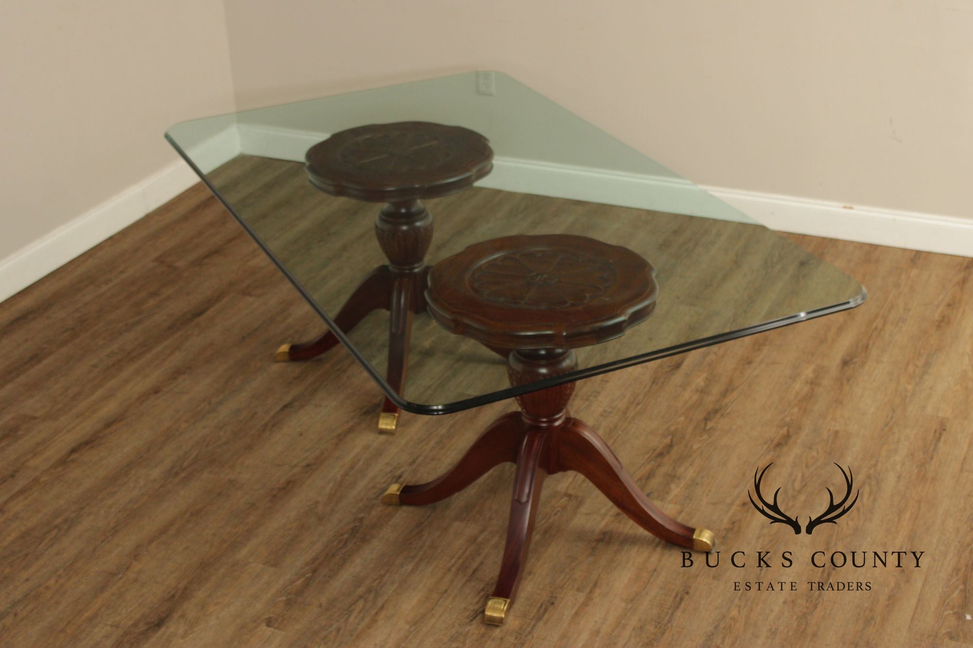 Georgian Style Mahogany Double Pedestal Glass Top Dining Table