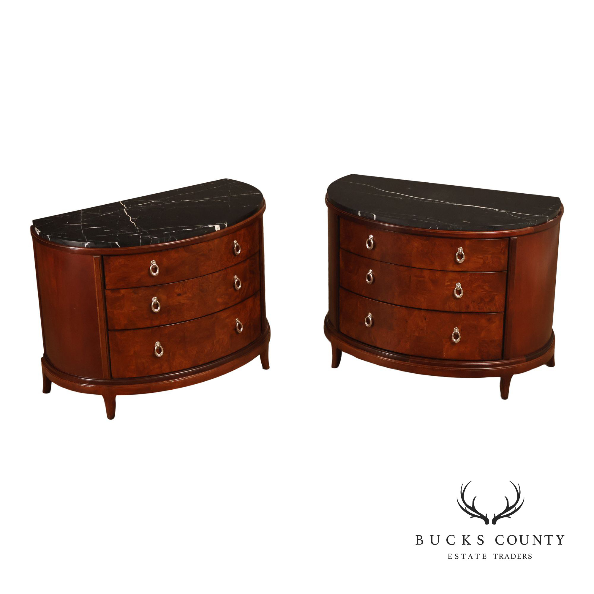 Thomasville Bogart Collection Pair of Marble Top Burlwood Commodes