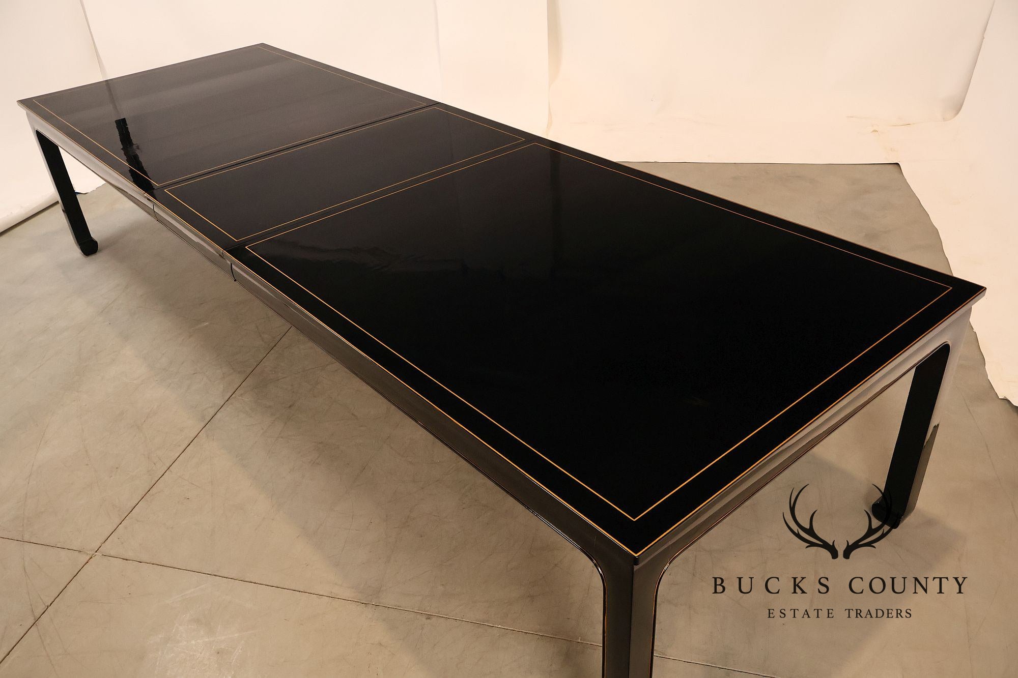 Custom Black Lacquered 12 Foot Extendable Dining Table With Gold Line Inlay