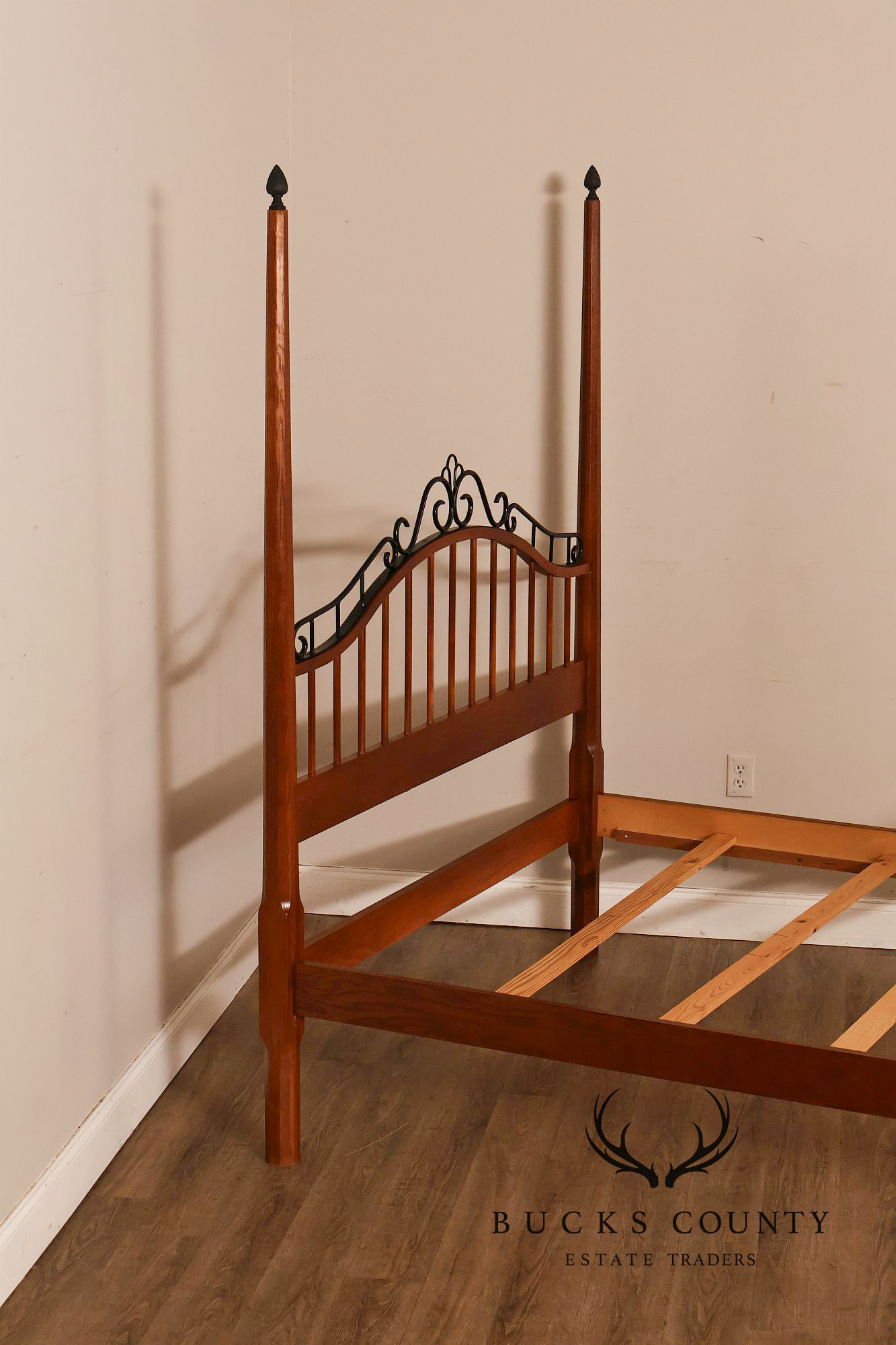 Keller Traditional Solid Oak And Scrolled Iron Queen Poster Bed