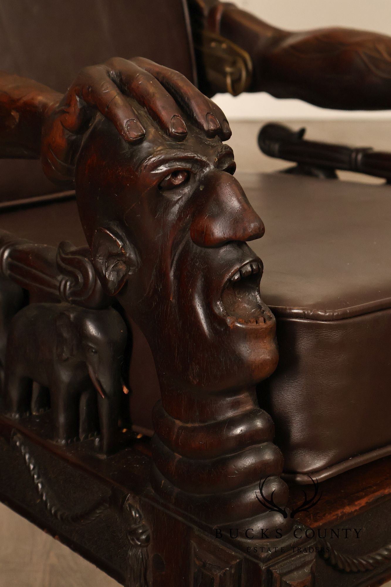 Exceptional 19th Century Anglo-Indian / Burmese Colonial Figural Carved Hardwood Throne Armchair
