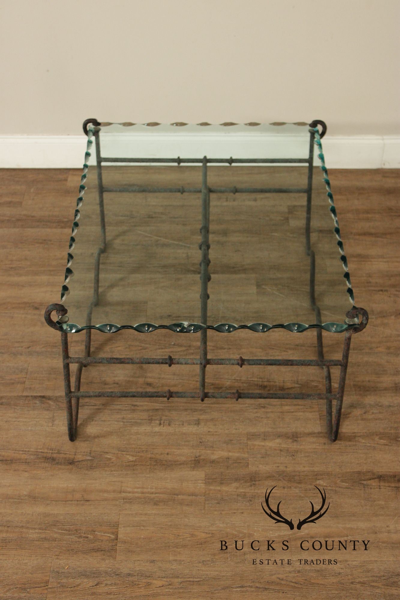 Modernist Glass Top Wrought Iron Coffee Table