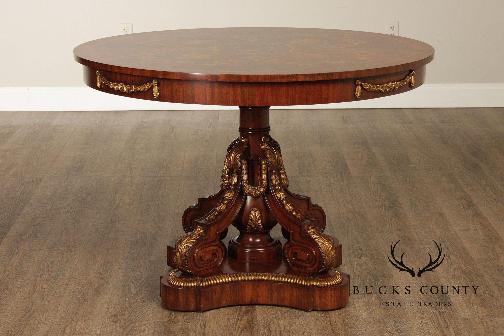 Maitland-Smith Round Inlaid Mahogany Round Center Table With Gilt Accents