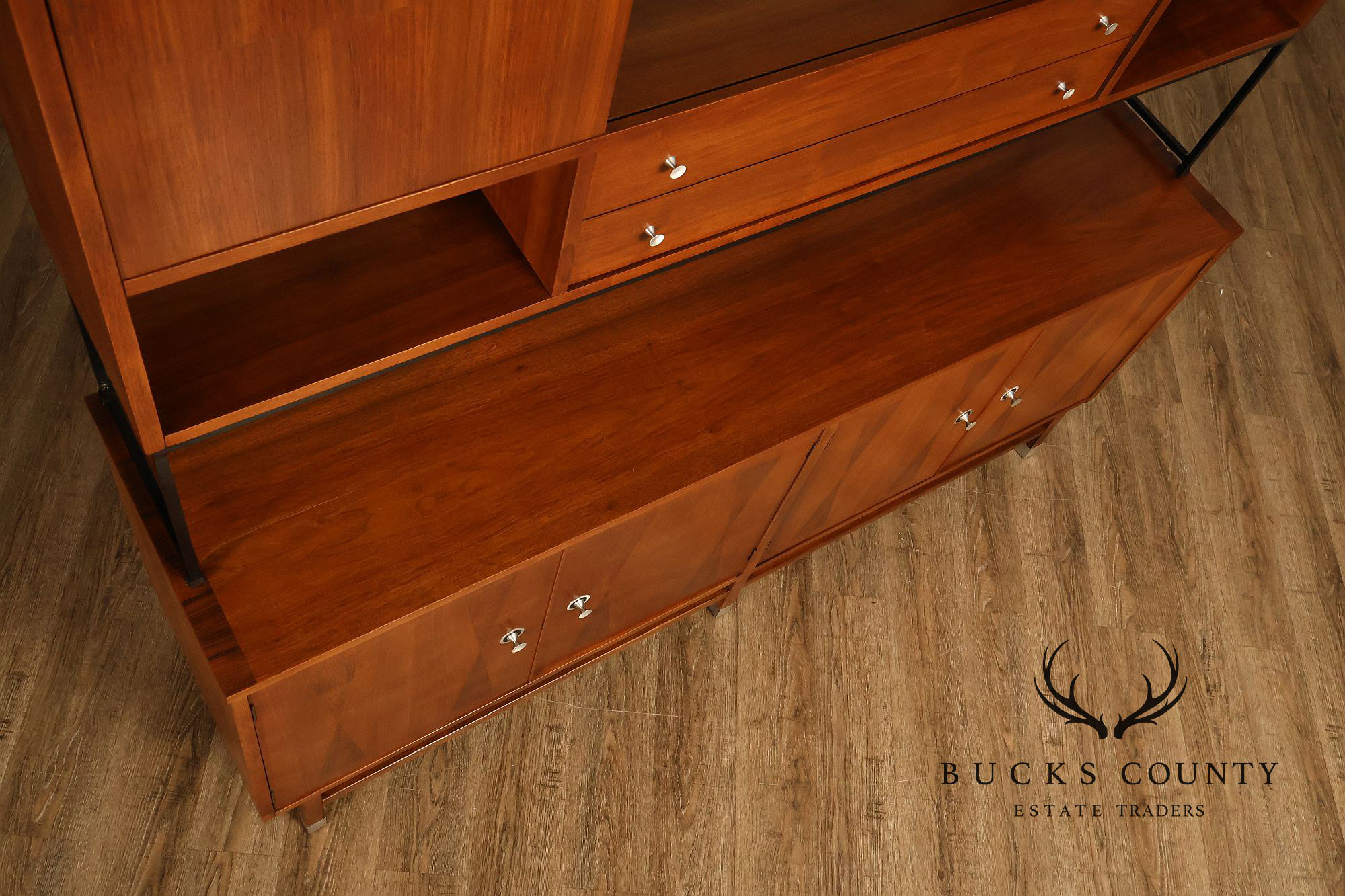 Stanley Mid Century Modern Walnut & Rosewood Inlaid Wall Unit Credenza