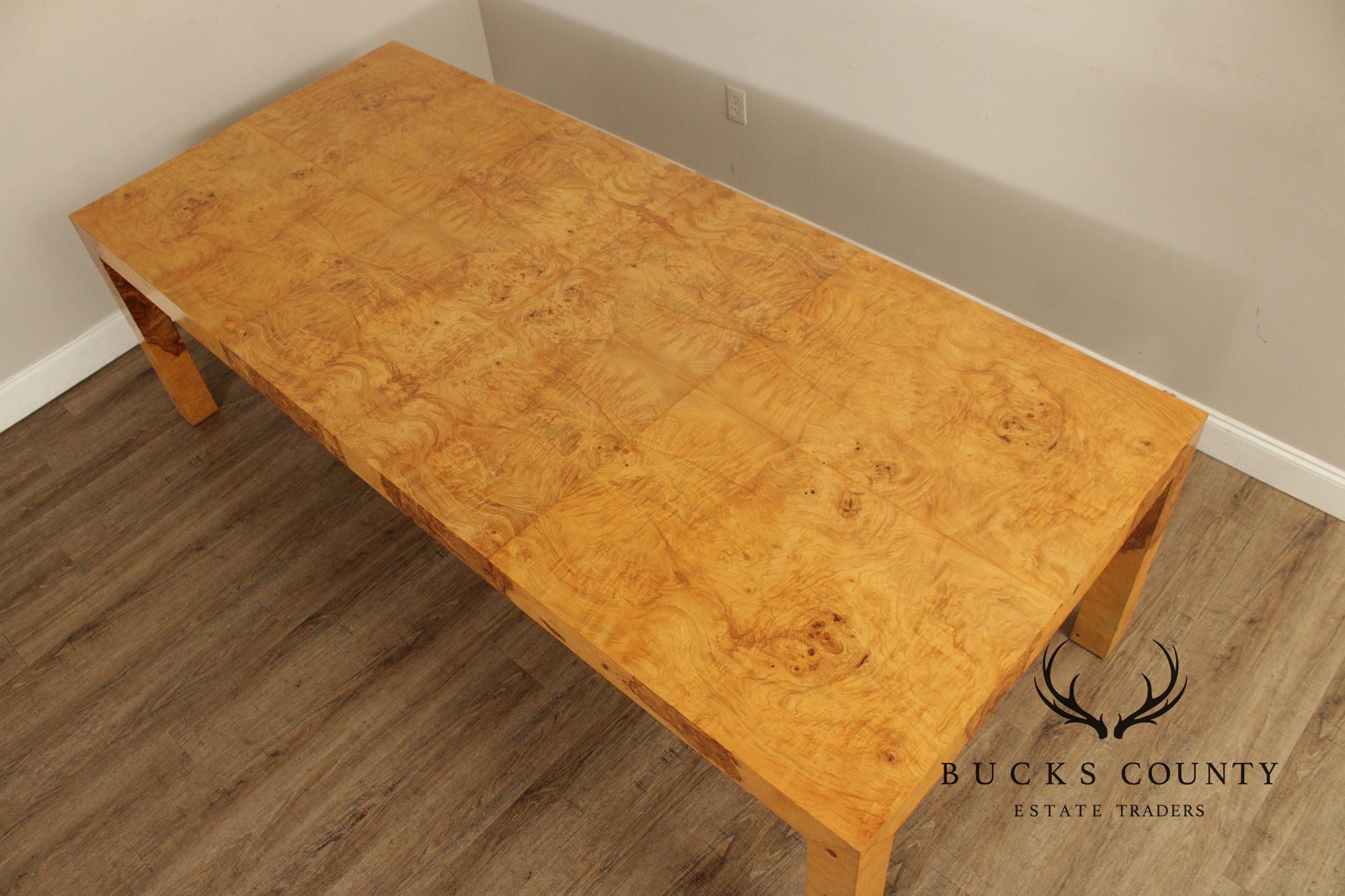 Mid-Century Modern Burlwood Parsons Extension Dining Table with 2 Leaves