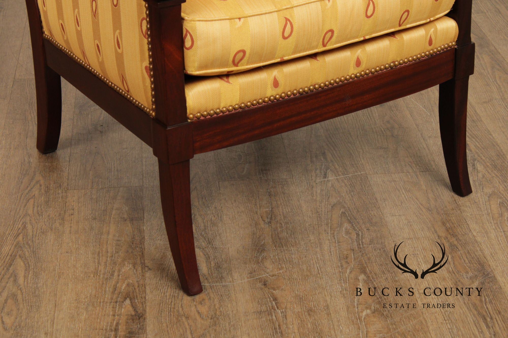 Kravet Furniture French Empire Style Pair of Mahogany Armchairs