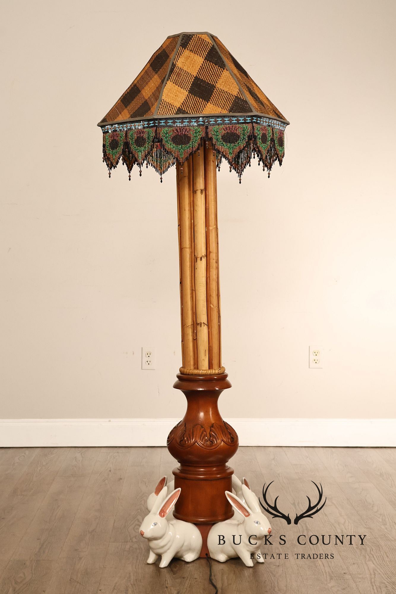 MacKenzie-Childs Rabbit Floor Lamp With Bamboo Column And Beaded Shade