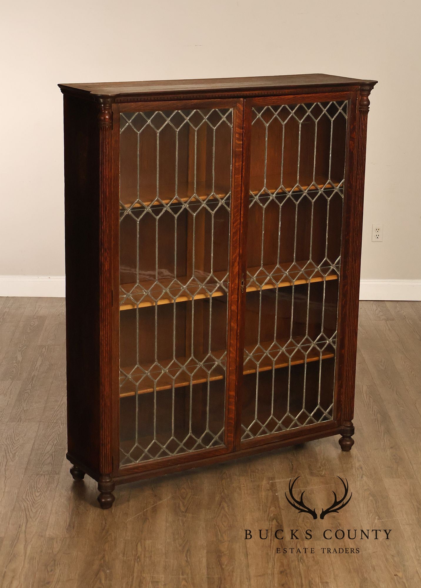 Arts and Crafts Antique Oak and Leaded Glass Bookcase