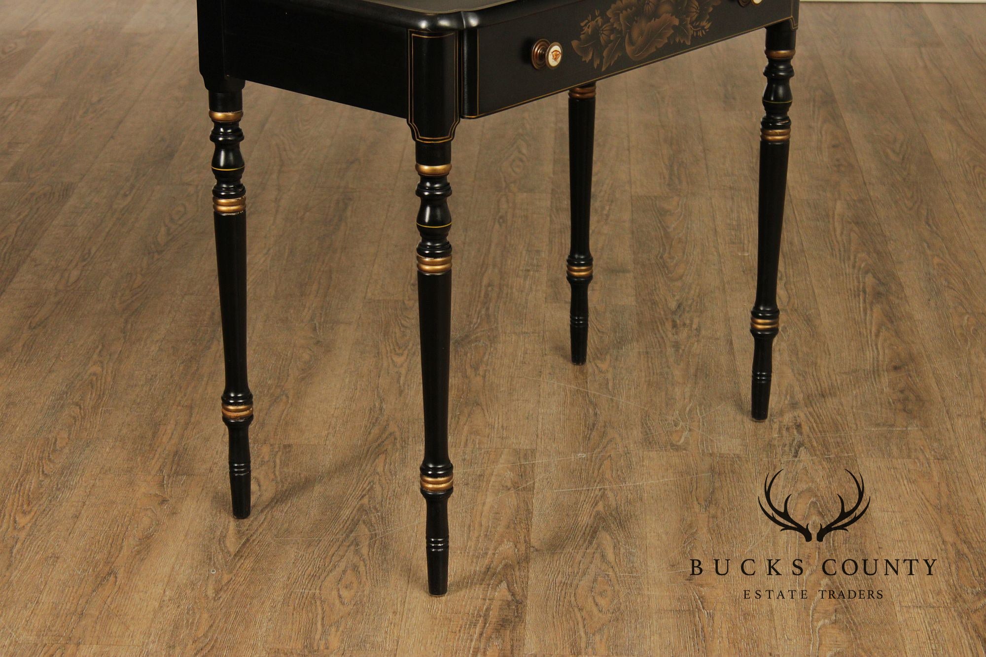 L. Hitchcock Black And Gold Stenciled Vanity Desk And Stool