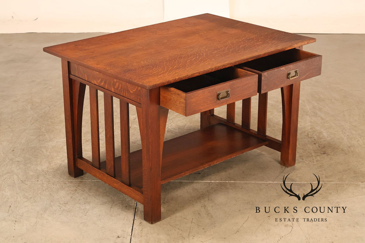 Antique Limbert Arts And Crafts Mission Oak Two-Drawer Library Table