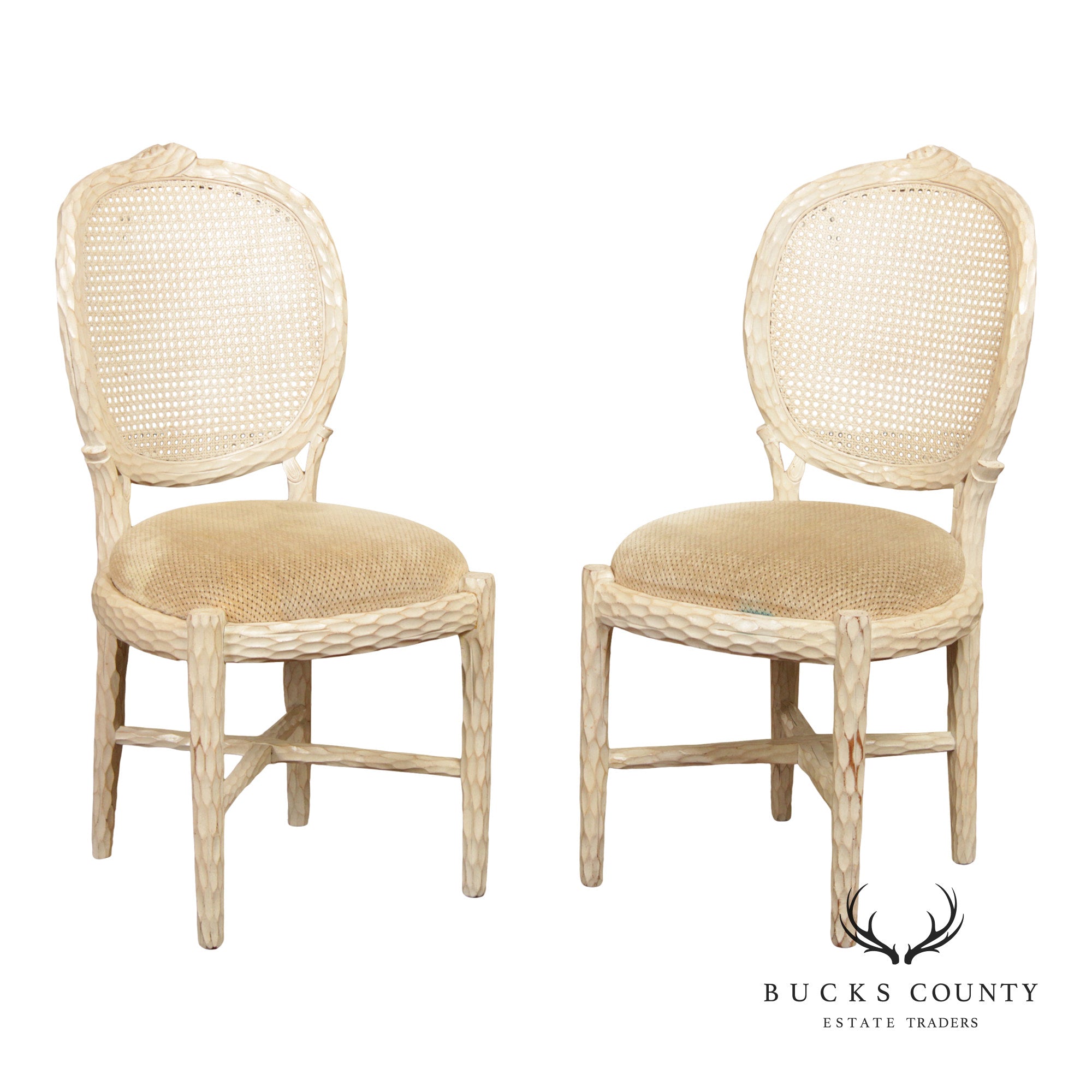 Vintage Pair of Faux Bois Cane-Back Side Chairs