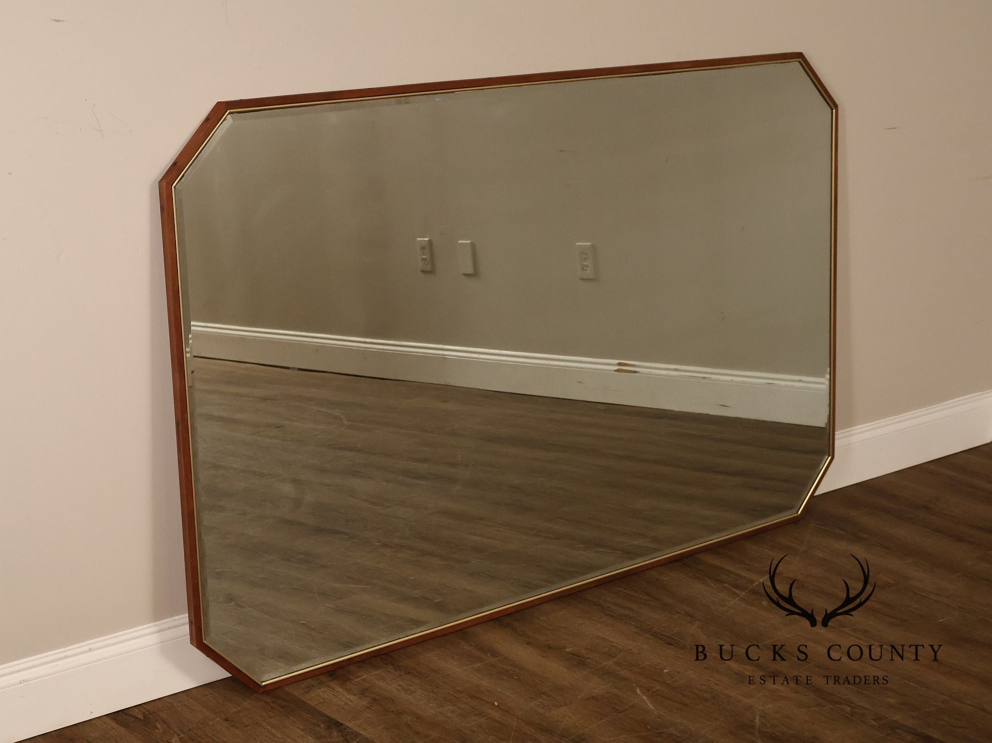 Mid Century Modern Walnut Frame Large Octagonal Wall Mirror