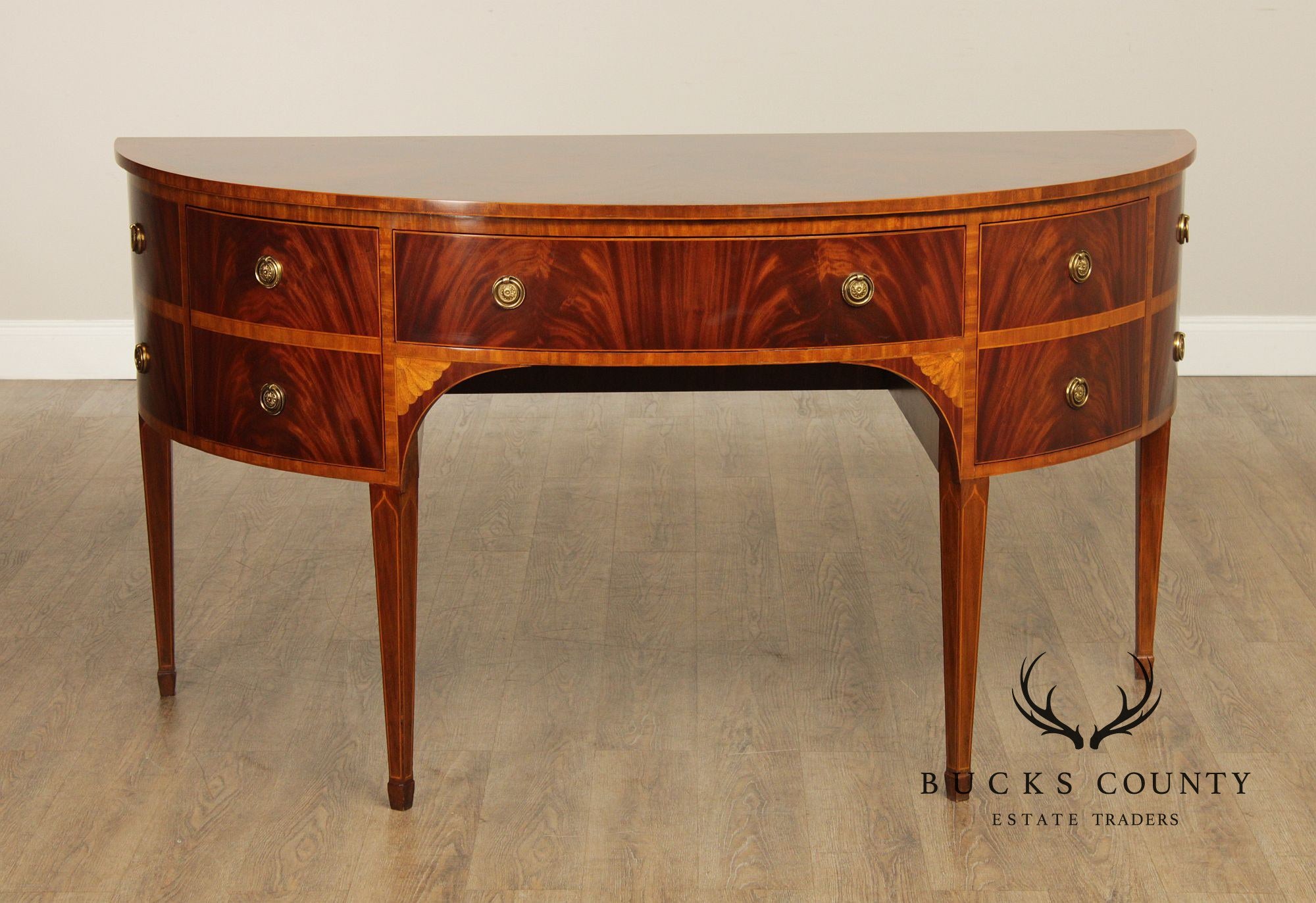 Maitland Smith Hepplewhite Style Deep Mahogany Inlaid Demilune Sideboard