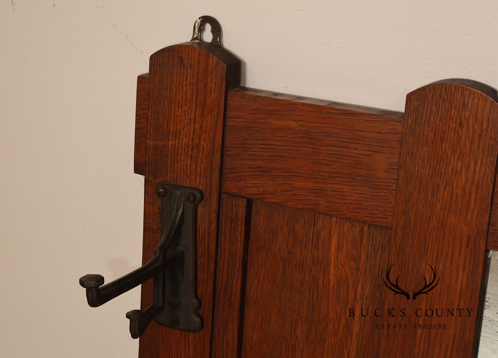 Antique Arts And Crafts Mission Oak Hall Mirror With Coat Hooks