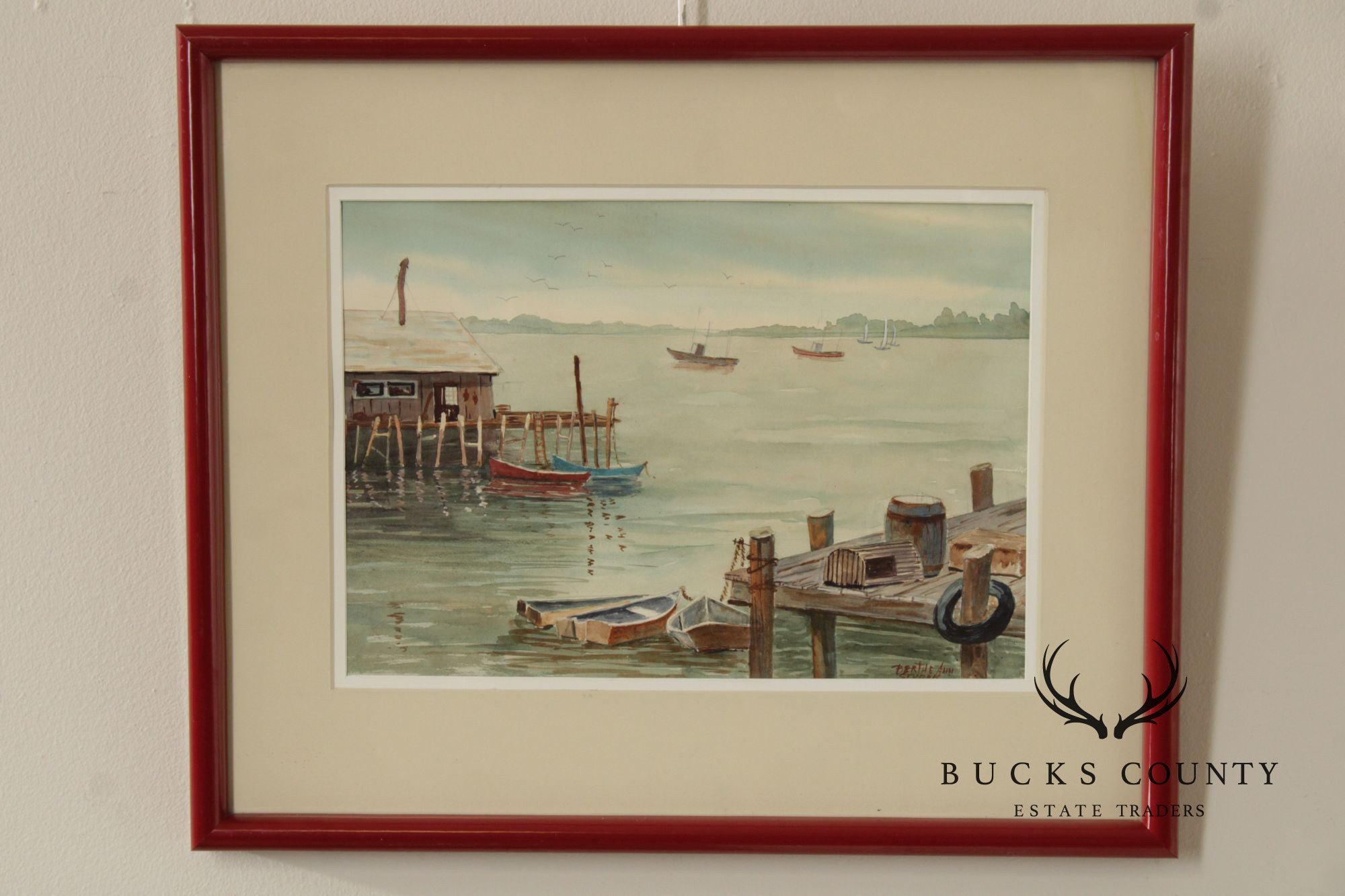 Bertha Ann Stupak Watercolor Painting, Boats in Harbor