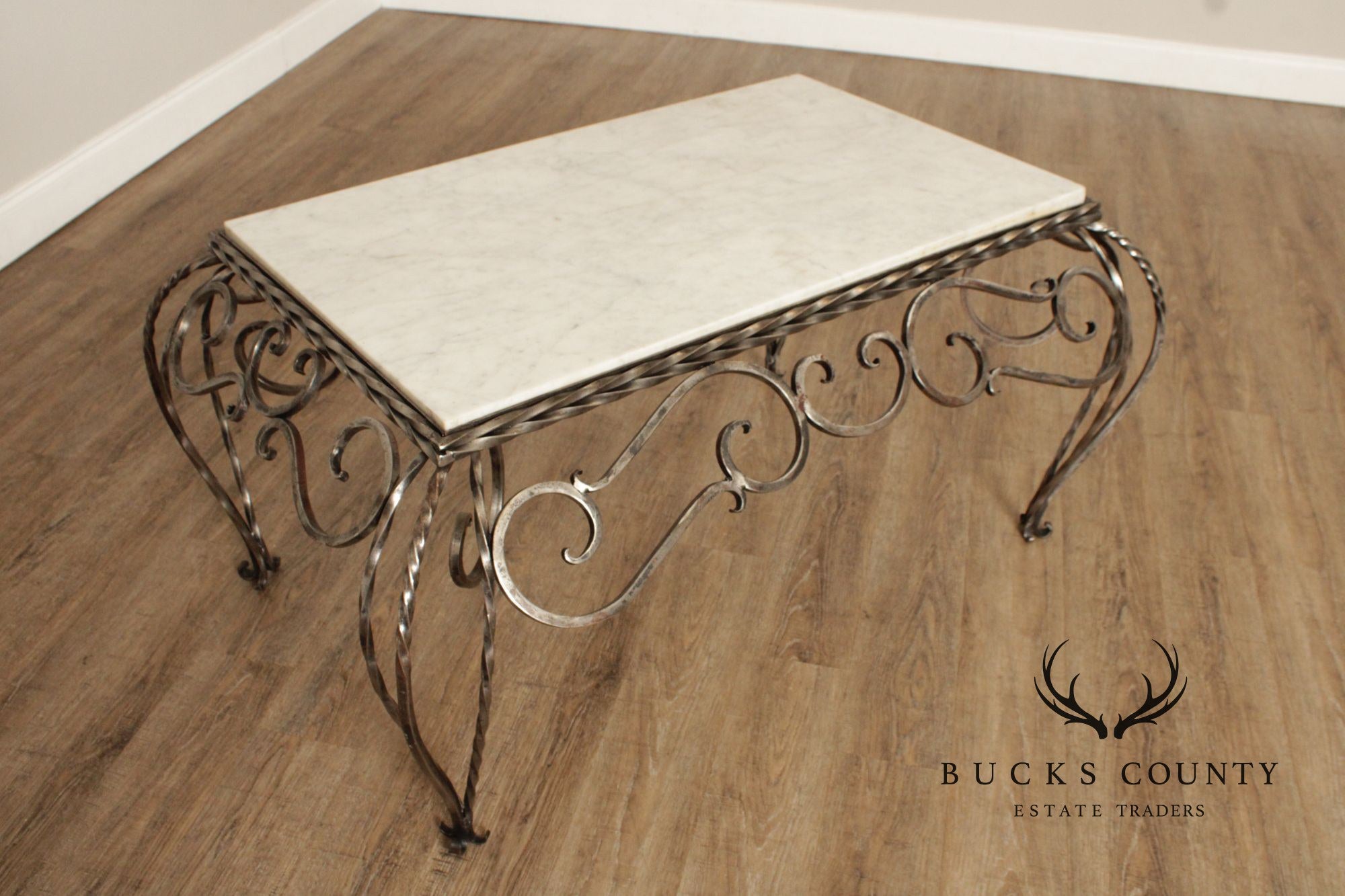 Vintage French Marble Top Wrought Iron Coffee Table