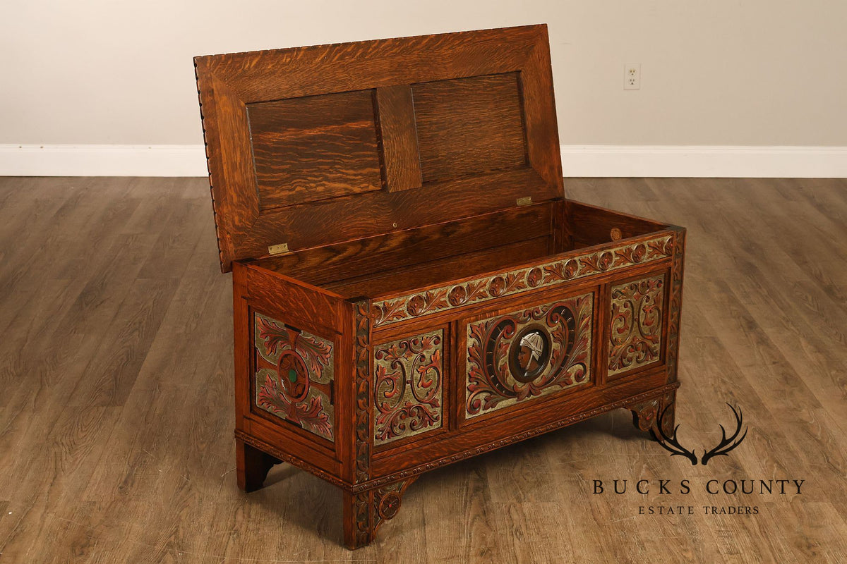 Berkey & Gay Carved And Painted Oak Spanish Revival Storage Chest
